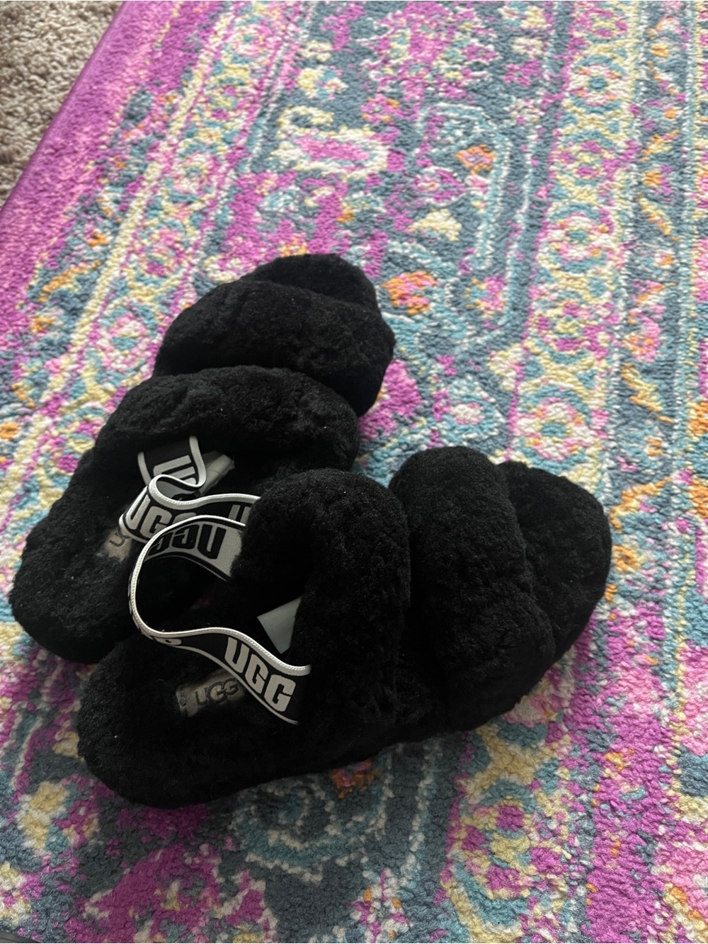 UGG Kids Black Fluffy Slide Sandals with Branded Heel Strap